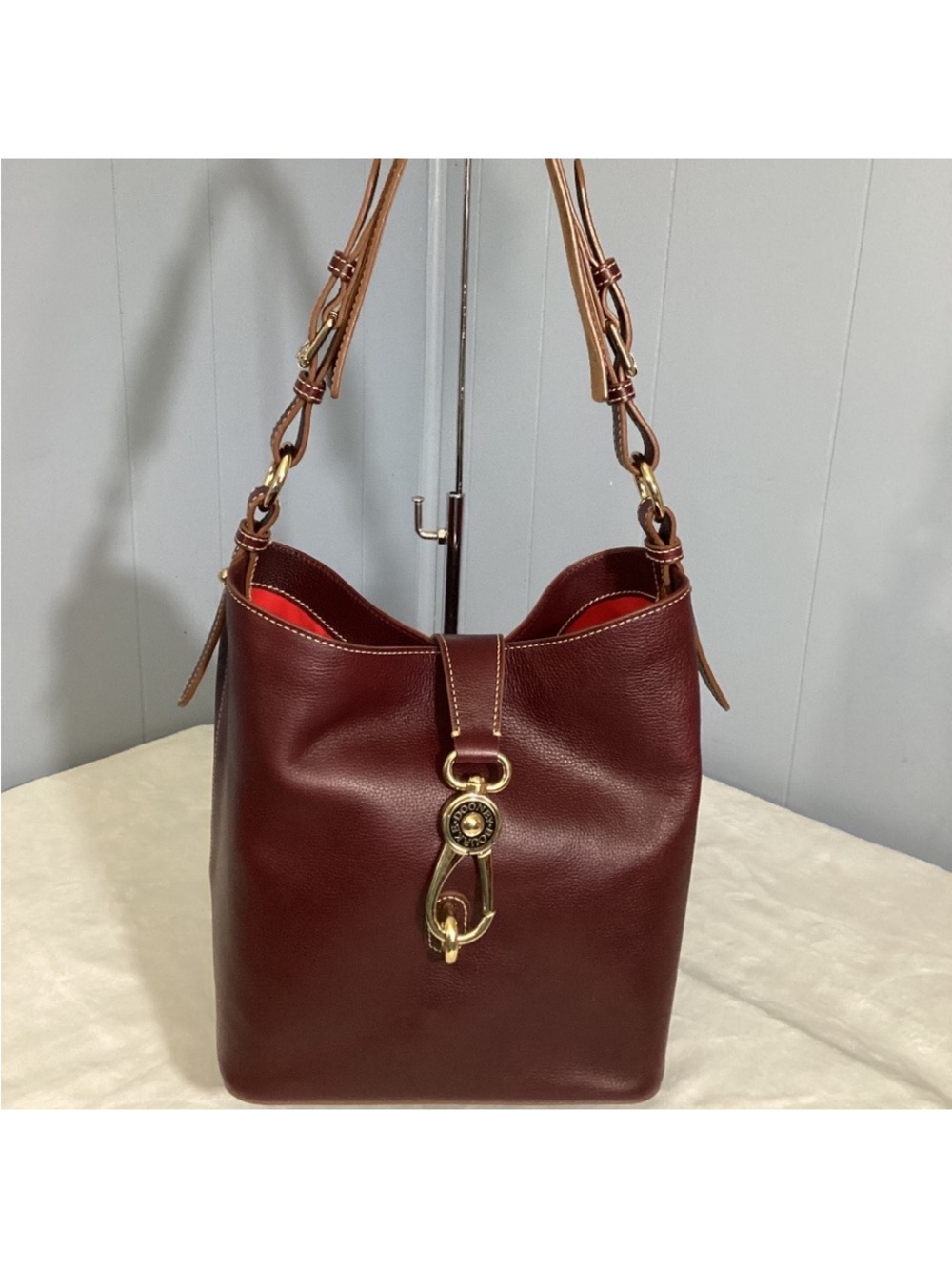 Dooney & Bourke Wine Burgundy Leather Bucket Shoulder Bag with Clasp